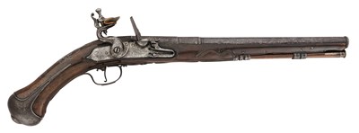 Lot 43 - A RARE EARLY 25 BORE FLINTLOCK HOLSTER PISTOL BY L. SANDERSN (SIC) OF LONDON, CIRCA 1670