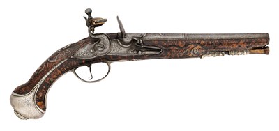 Lot 46 - A RARE 18 BORE FLINTLOCK SILVER-MOUNTED HOLSTER PISTOL BY T. GREEN FECIT OF LONDON