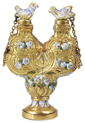 Lot 469 - A GEORGE II GOLD AND ENAMEL DOUBLE SCENT FLASK