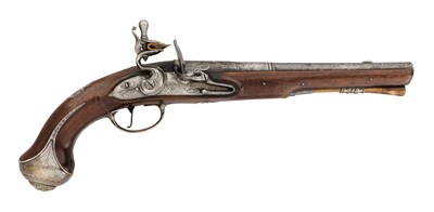 Lot 66 - A 22 BORE SILVER-MOUNTED FLINTLOCK HOLSTER PISTOL BY N. PARIS, WARWICK, CIRCA 1700