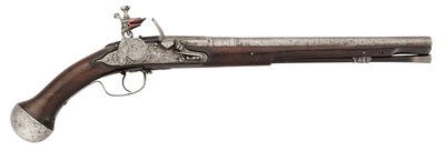 Lot 42 - A VERY RARE 20 BORE ENGLISH-LOCK (TYPE 2) FLINTLOCK MILITARY HOLSTER PISTOL BY R. SILKE OF LONDON