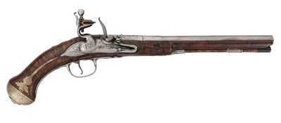 Lot 55 - A RARE 22 BORE FLINTLOCK SILVER-MOUNTED HOLSTER PISTOL BY JA. SPENCER OF LONDON, LATE 17TH CENTURY