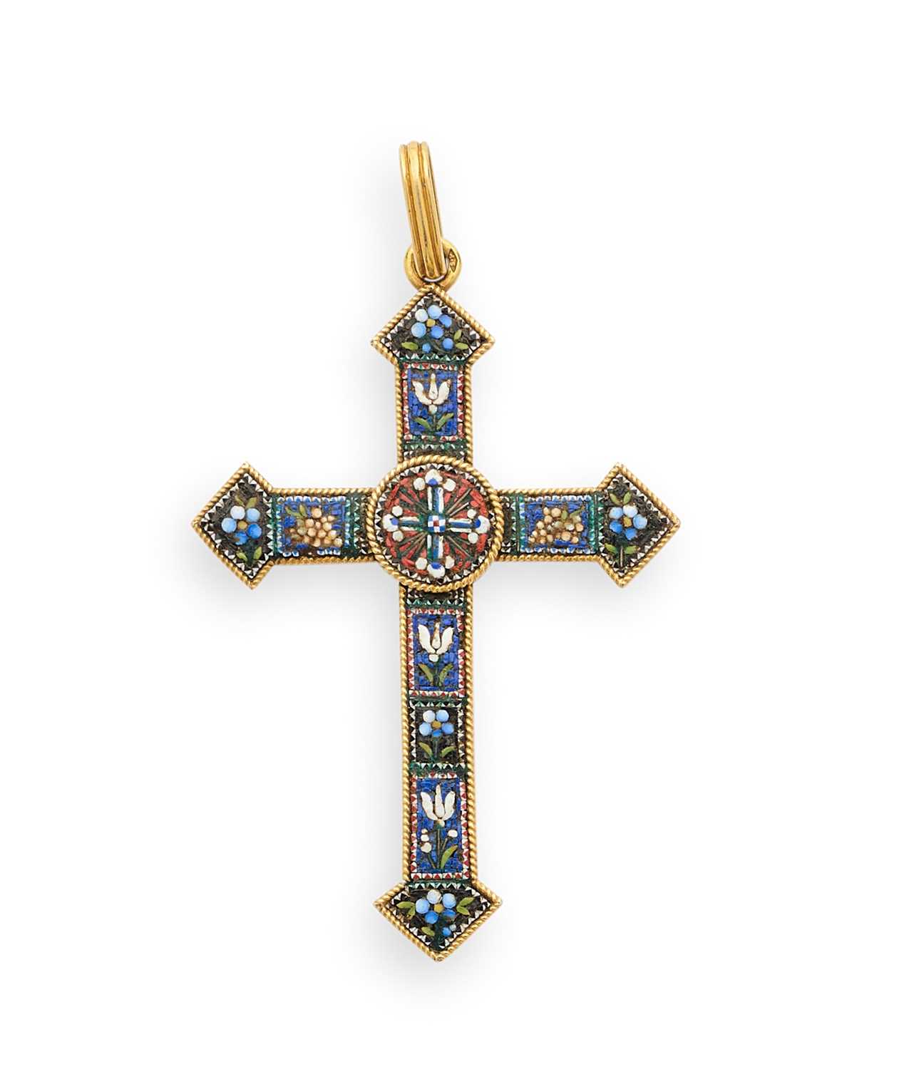 Lot 335 - VICTORIAN GOLD AND MICRO MOSAIC PENDENT CROSS, 1870s