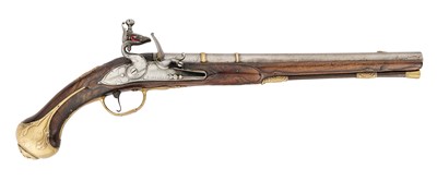Lot 72 - A RARE 18 BORE FLINTLOCK HOLSTER PISTOL BY JOHN SHAW, LONDINI, EARLY 18TH CENTURY