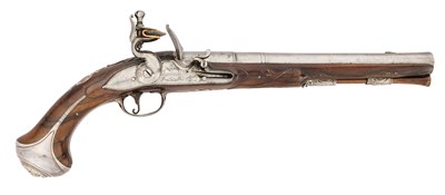 Lot 68 - A FINE 18 BORE FLINTLOCK SILVER-MOUNTED HOLSTER PISTOL BY I. SCAMADINE, LONDON, CIRCA 1715