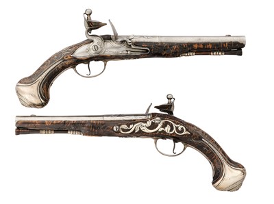 Lot 57 - A FINE AND RARE PAIR OF 28 BORE FLINTLOCK SILVER-MOUNTED HOLSTER PISTOLS BY DOLEP OF LONDON