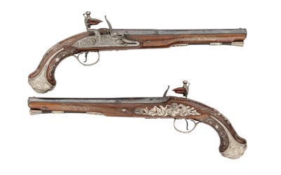 Lot 108 - A VERY FINE PAIR OF 20 BORE FLINTLOCK SILVER-MOUNTED HOLSTER PISTOLS BY GRICE, LONDON