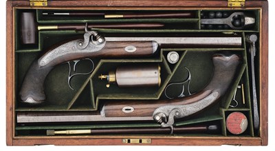 Lot 123 - A CASED PAIR OF IRISH 36 BORE PERCUSSION RIFLED DUELLING OR TARGET PISTOLS BY WM. & JN. RIGBY