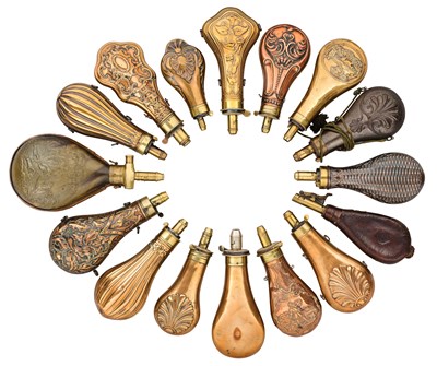 Lot 748 - FIFTEEN VARIOUS POWDER-FLASKS FOR SPORTING GUNS