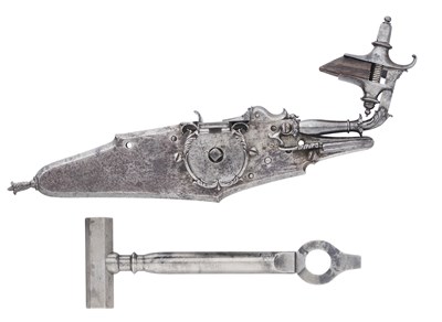 Lot 18 - A FINE BRESCIAN WHEEL-LOCK MECHANISM FOR A LONGARM, CIRCA 1640