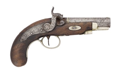 Lot 762 - A 50 BORE PERCUSSION OVERCOAT OR TRAVELLING PISTOL INDISTINCTLY SIGNED CLARKE(?)