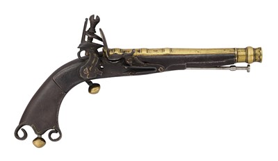 Lot 84 - A 60 BORE SCOTTISH FLINTLOCK BELT PISTOL WITH EARLIER BARREL, 18TH CENTURY