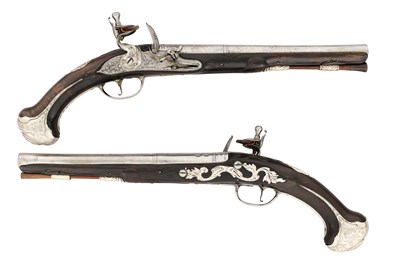 Lot 63 - A RARE PAIR OF 18 BORE FLINTLOCK SILVER-MOUNTED HOLSTER PISTOLS BY LE MAIRE OF LONDON, CIRCA 1720-30