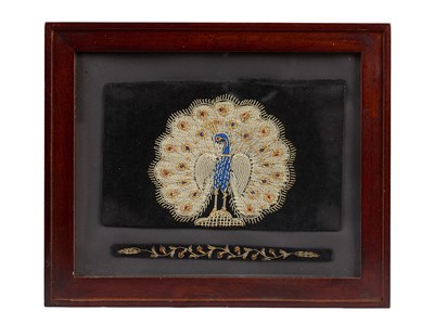 Lot 458 - AN EMBROIDERED PANEL DEPICTING A PEACOCK, NORTHERN INDIA, CIRCA 1900