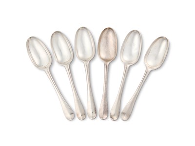 Lot 212 - A SET OF SIX SCOTTISH GEORGE II SILVER TABLESPOONS, MAKER'S MARK PM, ASSAY MASTER HUGH GORDON, EDINBURGH, 1750