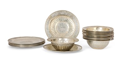 Lot 672 - A SET OF ELEVEN CHINESE SILVERED METAL BOWLS AND TEN SAUCERS, 20TH CENTURY
