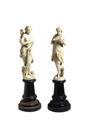 Lot 1 - A PAIR OF FRENCH CARVED IVORY FIGURES OF ARTEMIS AND AMPHITRITE