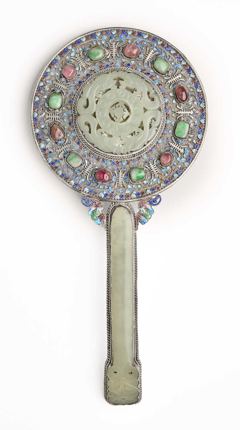 Lot 68 - A CHINESE JADE-INSET SILVER HAND MIRROR, QING DYNASTY, 19TH CENTURY