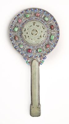 Lot 68 - A CHINESE JADE-INSET SILVER HAND MIRROR, QING DYNASTY, 19TH CENTURY