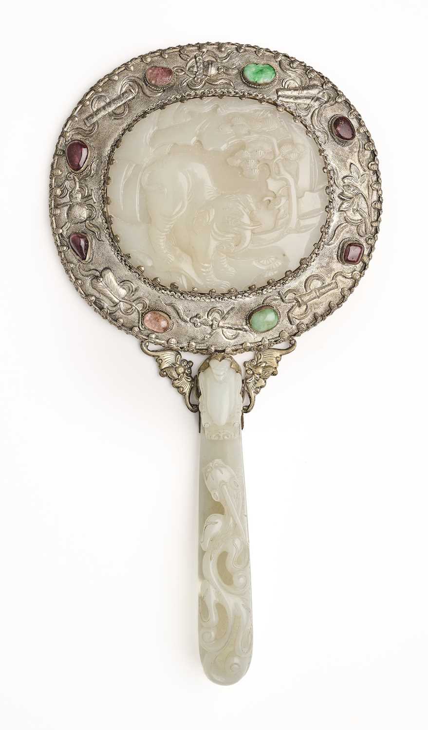Lot 69 - A CHINESE JADE-INSET SILVER HAND MIRROR, QING DYNASTY, 19TH CENTURY