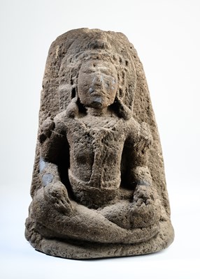 Lot 304 - A CARVED ANDESITE FIGURE OF A SEATED DEITY, JAVA, INDONESIA, 10TH-12TH CENTURY