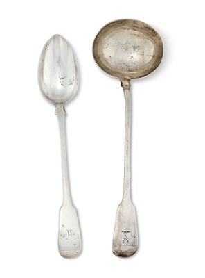 Lot 215 - A GEORGIAN SILVER SOUP LADLE AND A GRAVY SPOON, BOTH LONDON