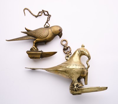 Lot 328 - TWO BIRD FORM BRASS HANGING LAMPS, INDIA, 19TH CENTURY