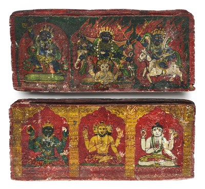 Lot 128 - A PAIR OF PAINTED AND CARVED WOOD BOOKCOVERS, NEPAL, 18TH/19TH CENTURY