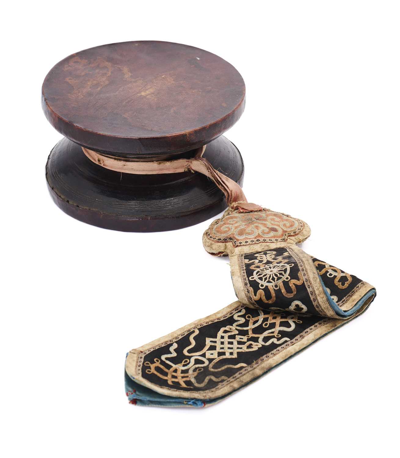 Lot 406 - A BUDDHIST RITUAL DRUM (DAMARU), TIBET, 19TH CENTURY