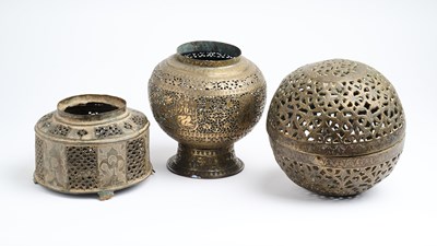 Lot 351 - A PIERCED BRASS GLOBULAR VASE, PERSIA, 19TH CENTURY