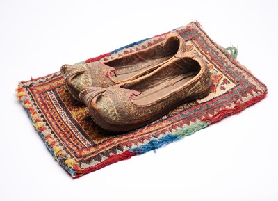 Lot 288 - A PAIR OF SLIPPERS AND A FLATWEAVE BAG, PERSIA, CIRCA 1900