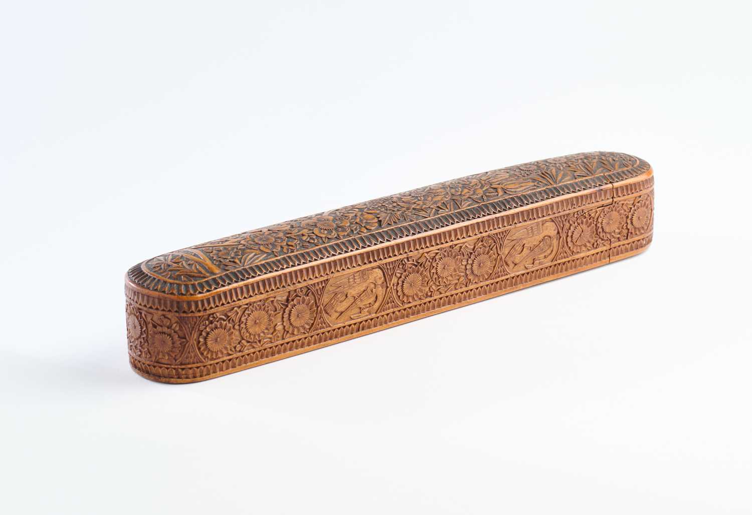 Lot 308 - A QAJAR CARVED WOOD PENBOX, PERSIA, 19TH CENTURY