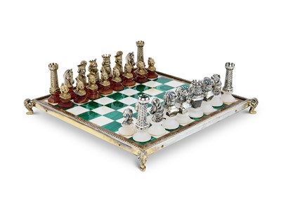 Lot 166 - AN ITALIAN PARCEL-GILT AND HARDSTONE CHESS SET AND BOARD, FABBRICA ARGENTERIA FIORENTINA DI BARTOLINI BARTOLOZZI & C. S.A.S., FLORENCE, LATE 20TH CENTURY
