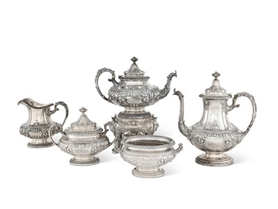 Lot 138 - AN AMERICAN SILVER FIVE-PIECE TEA AND COFFEE SET AND A HEATER BASE, GORHAM MFG. CO., PROVIDENCE RI, 1900