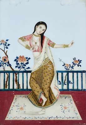 Lot 57 - A REVERSE GLASS PAINTING OF A DANCING GIRL, CHINESE ARTIST IN WESTERN INDIA, MID-19TH CENTURY