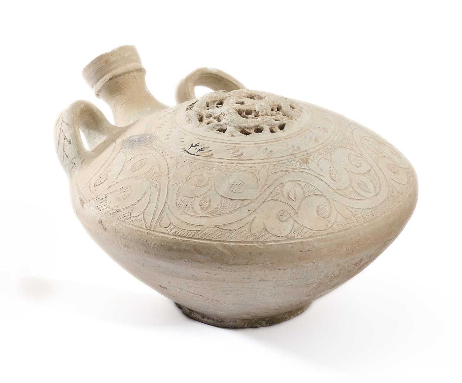 Lot 344 - A LARGE UNGLAZED POTTERY FLASK, NORTH-EASTERN PERSIA, 14TH-15TH CENTURY
