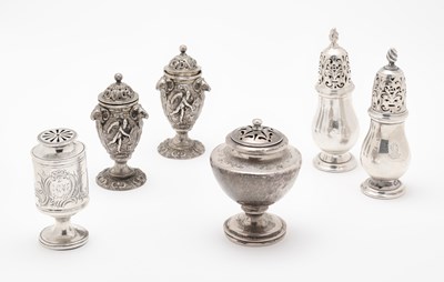 Lot 128 - SIX ASSORTED SILVER PEPPERETTES, ALL LONDON, 1834-75