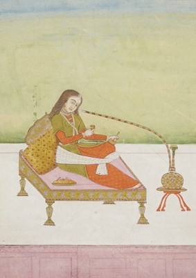 Lot 37 - A LADY RECLINING ON A THRONE, PROVINCIAL MUGHAL, SECOND HALF 18TH CENTURY