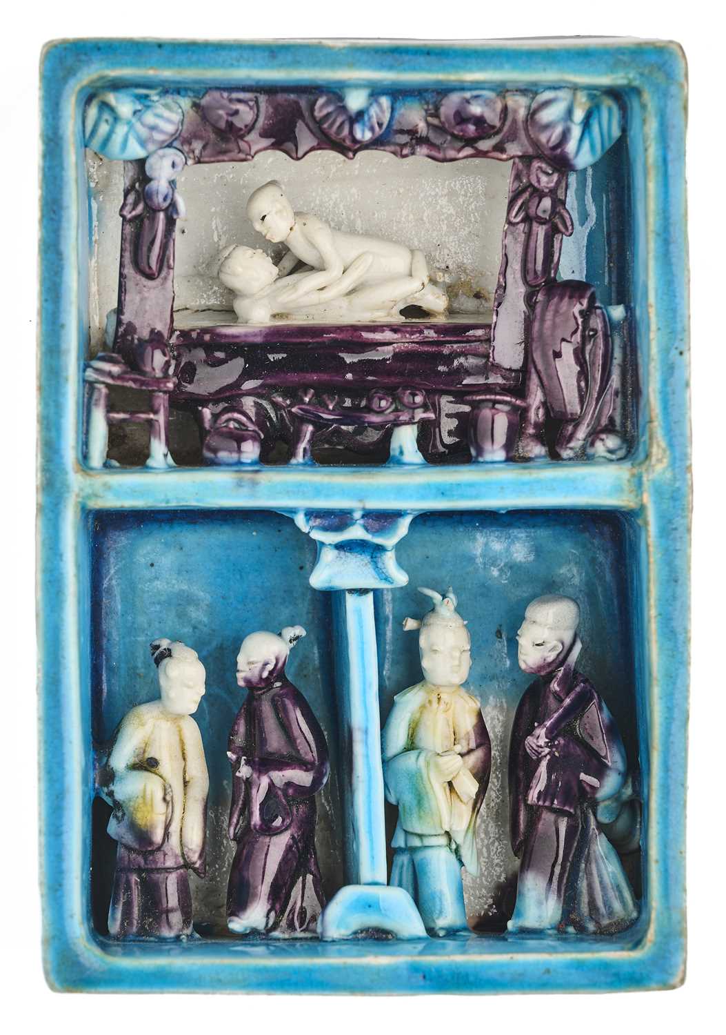 Lot 14 - A RARE CHINESE GLAZED PORCELAIN 'EROTIC' BOX AND COVER, KANGXI PERIOD (1662-1722)