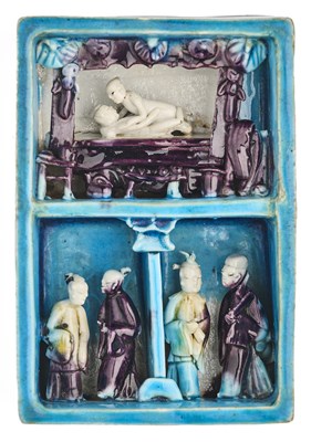 Lot 14 - A RARE CHINESE GLAZED PORCELAIN 'EROTIC' BOX AND COVER, KANGXI PERIOD (1662-1722)