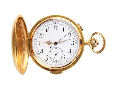 Lot 305 - GOLD HUNTER CASED QUARTER REPEATING CHRONOGRAPH WATCH, SWISS, LATE 19TH CENTURY