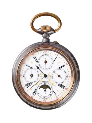 Lot 308 - GUNMETAL TRIPLE CALENDAR AND MOON PHASE OVERSIZE WATCH, SWISS, CIRCA 1900