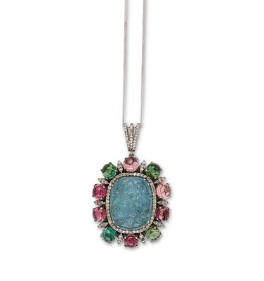 Lot 411 - AQUAMARINE, TOURMALINE AND DIAMOND PENDANT