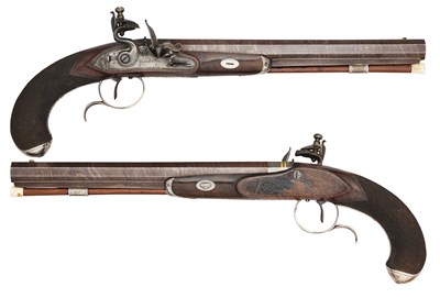 Lot 361 - A PAIR OF 25 BORE FLINTLOCK SILVER-MOUNTED DUELLING PISTOLS BY CLARKE & SON, NO. 62 CHEAPSIDE