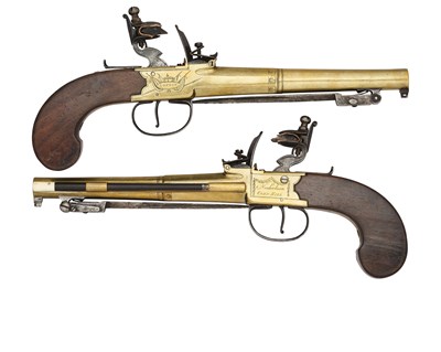 Lot 363 - A LARGE PAIR OF 25 BORE FLINTLOCK BOX-LOCK PISTOLS WITH SPRING BAYONETS BY NICHOLSON, CORNHILL