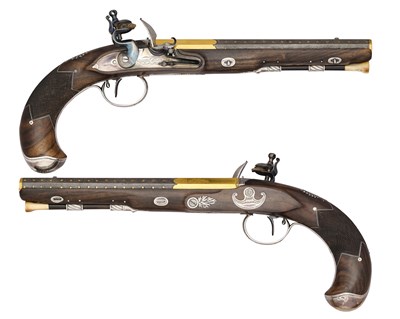 Lot 348 - A FINE PAIR OF FRENCH 22 BORE FLINTLOCK SILVER-MOUNTED PISTOLS BY VIGOUROUX A BOURDEAUX