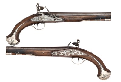 Lot 360 - A PAIR OF 18 BORE FLINTLOCK SILVER-MOUNTED HOLSTER PISTOLS BY GRIFFIN & TOW, LONDON