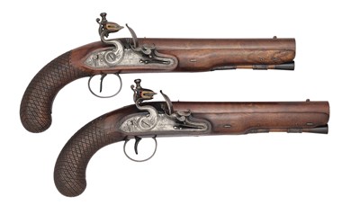 Lot 362 - A PAIR OF FLINTLOCK OFFICER’S PISTOLS OF UNUSUAL MUSKET BORE BY H.W. MORTIMER, LONDON