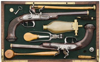 Lot 353 - A CASED PAIR OF FRENCH 32 BORE FLINTLOCK DUELLING OR TARGET PISTOLS IN THE MANNER OF BOUTET