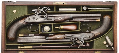 Lot 370 - A CASED PAIR OF 40 BORE FLINTLOCK DUELLING PISTOLS BY JAMES COLLINS, LONDON, CIRCA 1830